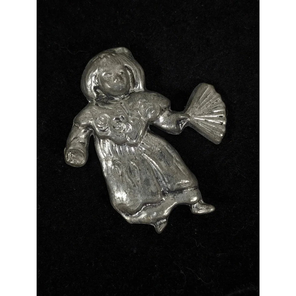 Vintage Silver Tone Asian Woman Fan Brooch Figural Geisha‎ Style Pin